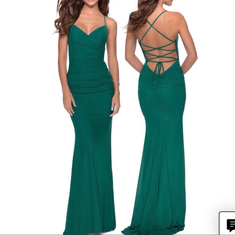 La Femme Emerald Green Strappy Back Ruched Trumpet Gown size 12 NEW